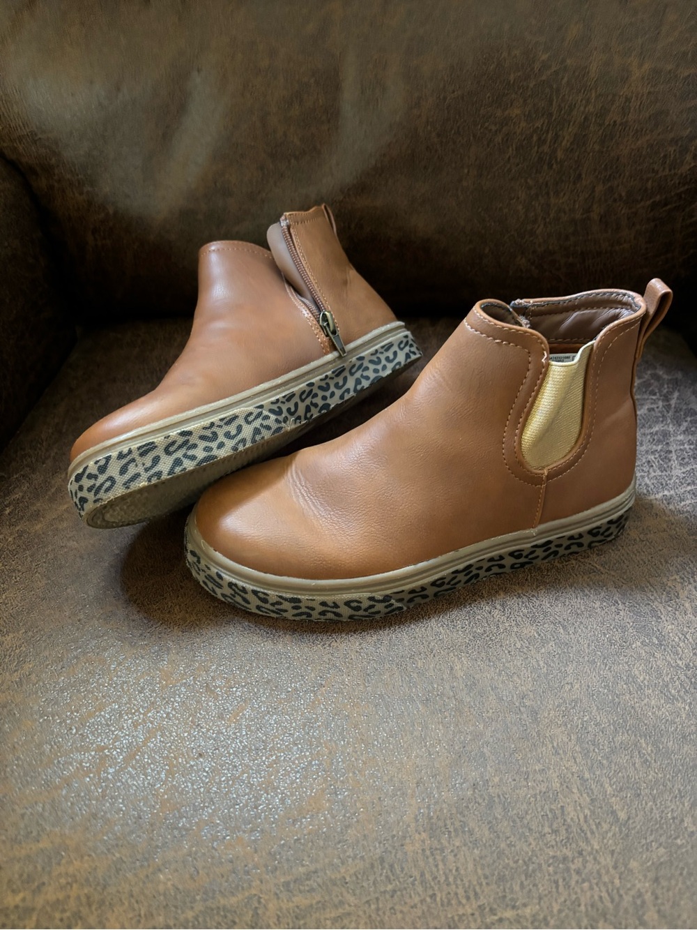 Lands' End Kids Tan Chelsea Boots with Leopard-Print Sole